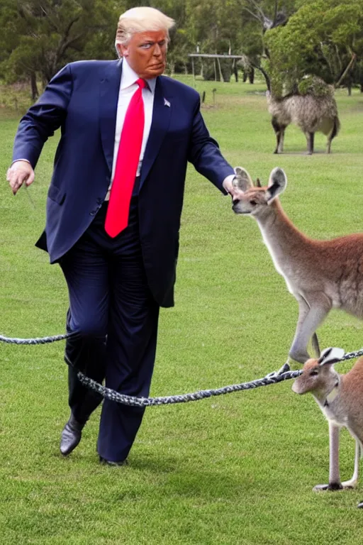 Prompt: a photo of Donald trump walking a kangaroo on a leash