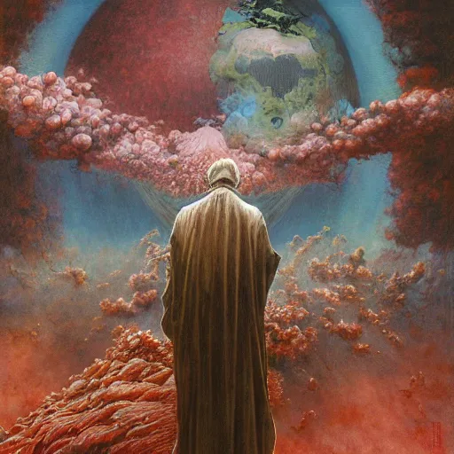 Prompt: realistic detailed image of the Earth evaporating into the sky, Amano, Karol Bak, Greg Hildebrandt, and Mark Brooks, Neo-Gothic, gothic, rich deep colors. Beksinski painting, part by Adrian Ghenie and Gerhard Richter. art by Takato Yamamoto. masterpiece