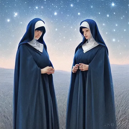 Prompt: two beautiful identical nuns under night sky, intricate, elegant, highly detailed, digital painting, artstation, concept art, smooth, sharp focus, illustration, art by artgerm and greg rutkowski and alphonse mucha