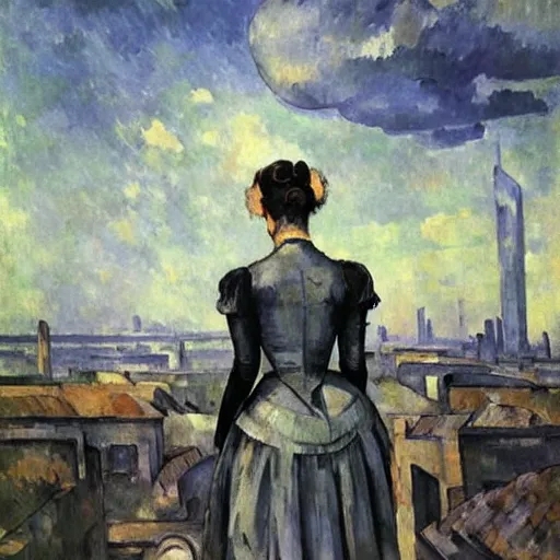 Prompt: portrait of a victorian lady in a futuristic city, from behind, streets, beautiful, sci-fi, open sky, tall buildings, highly detailed, digital painting by Cezanne