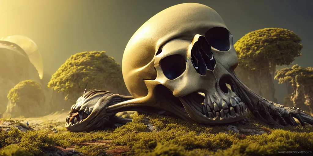 Image similar to a skull fauna alien sleep on alien planet land by neville page, ken barthelmey, carlos huante and doug chiang, sharp focus, trending on artstation, hyper realism, octane render, 8 k, hyper detailed, ultra detailed, highly detailed, zbrush, concept art, creature design