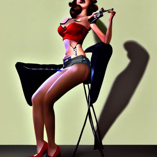 Prompt: a pin up woman playing a videogame, front view, digital art, photoshop, dark lighting, couch, control, artstation