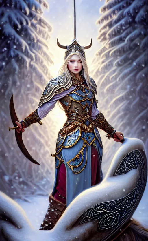 Image similar to opal viking warrior, regal, elegant, winter, snow, beautiful, stunning, hd, illustration, epic, d & d, fantasy, intricate, elegant, highly detailed, wide angle, digital painting, artstation, concept art, smooth, sharp focus, illustration, wallpaper, art by artgerm and greg rutkowski and alphonse mucha and jin xiaodi