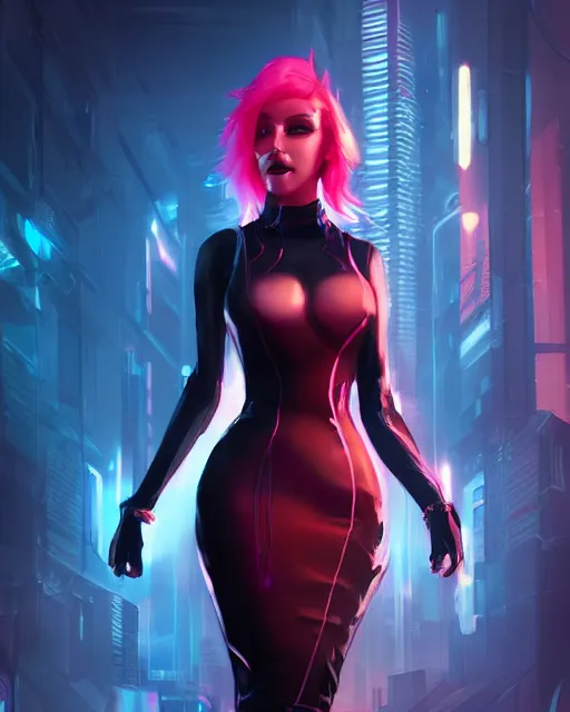 Image similar to Portrait of a futuristic rogue by Charlie Bowater, latex dress, gothic, short red hair, blue and pink rim lights, backlit, action pose, volumetric lighting, 8K, cyberpunk city backdrop, Artstation