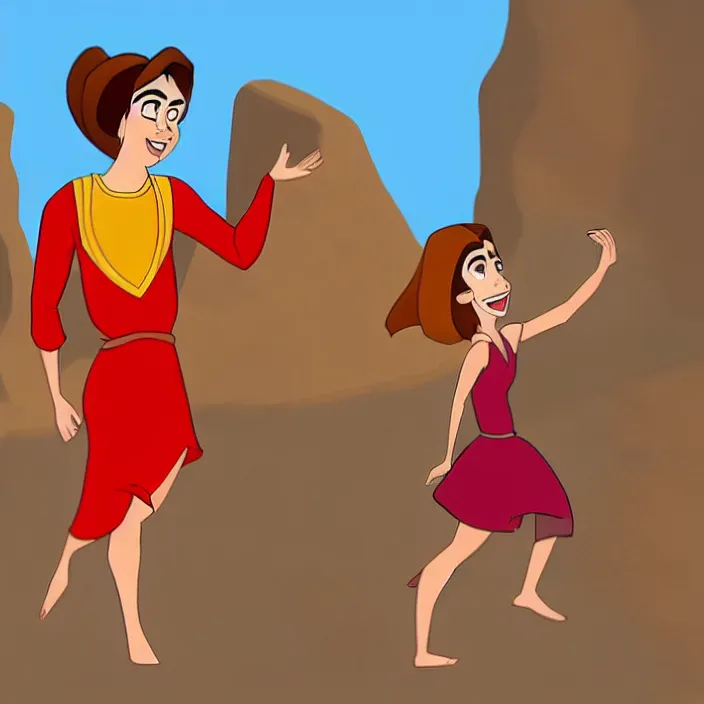 Prompt: A cartoon of a Joyful! and smiling Emma Watson wearing red clothes, in the style of The emperor's new groove (2000). Clear body. Light Clothes. Low angle.