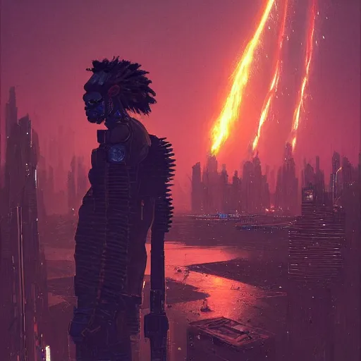 Prompt: a cyberpunk zulu warrior sitting on a cliff watching an enormous metropolitan city burn!!!! from a distance at night, fire, by alena aenami and android jones and greg rutkowski, Trending on artstation, hyperrealism, elegant, stylized, highly detailed digital art, 8k resolution, hd, global illumination, radiant light, detailed and intricate cyberpunk ghetto environment, rendered in octane, post processed, wide angle, dynamic portrait