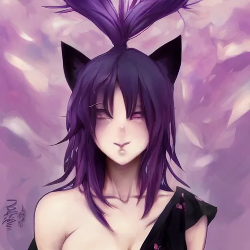 Prompt: anime girl, hourglass slim figure, purple hair and attractive features, cat ears, black tank top, digital painting, highly detailed, sharp focus, art by artgerm and greg rutkowski and alphonse mucha