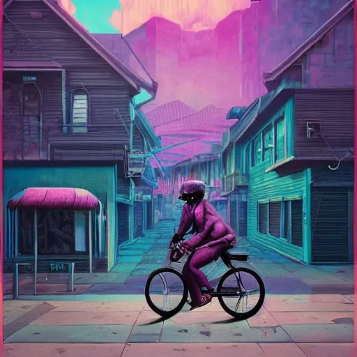 Image similar to a beautiful painting of a very detailed gangster riding a bike by dan mumford, beeple, trending on artstation, vapourwave