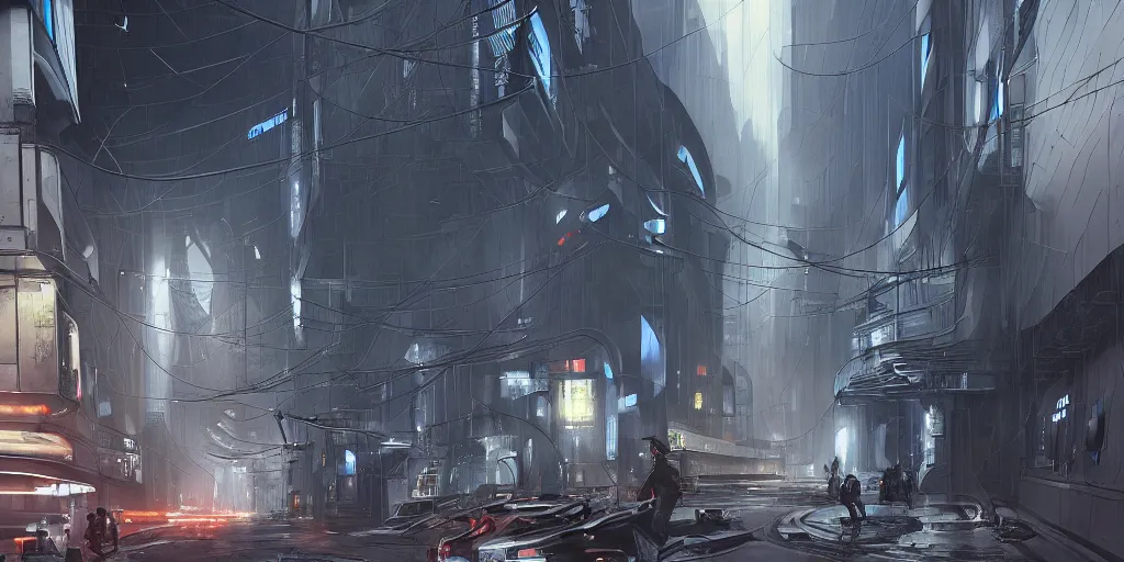 Prompt: a futuristic exterior mass effect and bladerunner building, multi - layer, large pipes, metal cladding wall, lots of wires, some stalls, back alley, intricate bridges between buildings, some billboards, environment fog, dark and moody, by eddie mendoza, syd mead, moebius