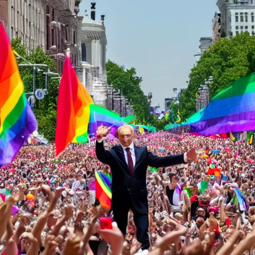 Prompt: photo of vladimir putin leading the gay pride parade, depth of field