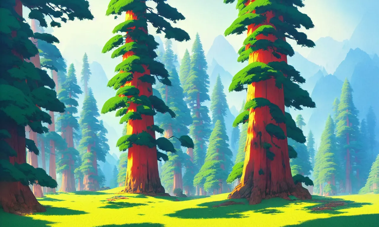 Prompt: Sequoia forest in a colorful moutain with beautiful trees , no people, morning, by studio ghibli painting, superior quality, masterpiece, traditional Japanese colors, by Grzegorz Rutkowski, concept art