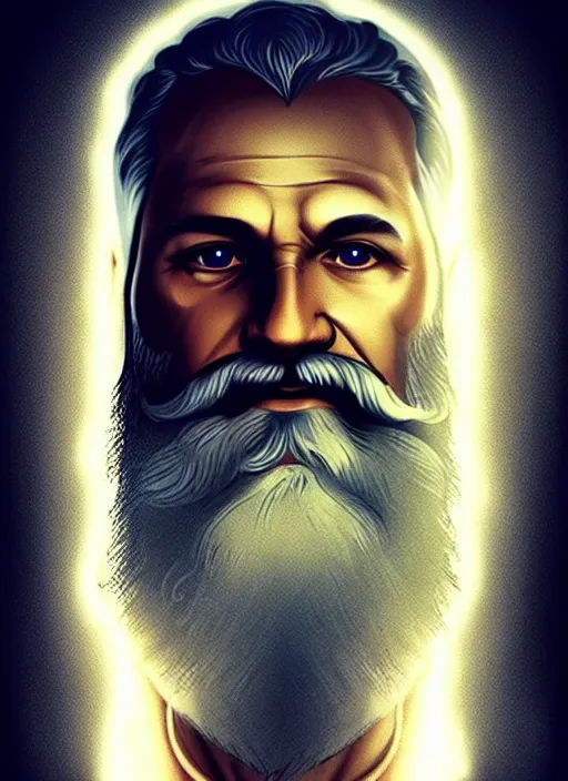 Image similar to zeus god of the sky holding the lightings + older man with a beard + father of all gods and humans + beautiful face and pretty face + intricate complexity, rule of thirds, style by artgerm, dramatic lighting