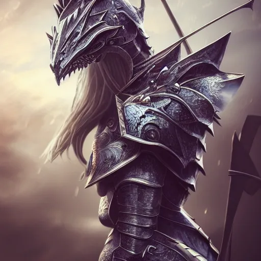 Prompt: highly detailed realistic stunning shot of a beautiful elegant anthropomorphic female dragon knight, resting a detailed and engraved longsword over her armored shoulder, sharp claws and tail, cloak flittering in the wind, high quality, HD octane render, epic cinematography, Artstation, Deviantart, Furaffinity