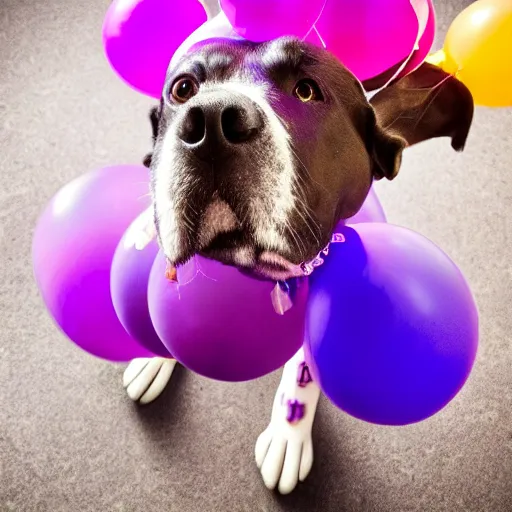 Image similar to a high resolution photograph of a purple balloon animal of a dog