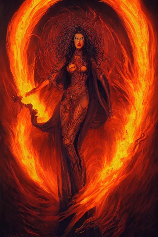 Image similar to beautiful powerful symmetrical gothic goddess of fire stands in a vortex of fire, matte fantasy painting, dynamic gel lighting, by Brom