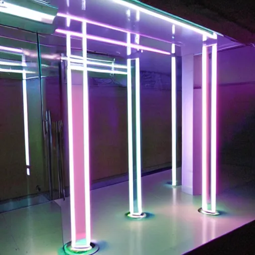 Image similar to a pastel colour Polaroid photo of a side profile free standing illuminated escalator connected to nothing with iridescent Perspex panels in a field, nostalgic