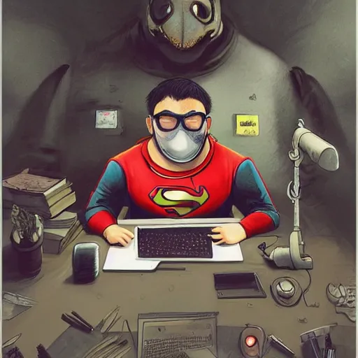 Image similar to an insanely detailed painting of a chubby and nerdy asian man wearing a homemade superhero costume and mask, sitting at a computer desk typing on the keyboard, in the style of peter mohrbacher, dramatic lighting and composition, trending on artstation, concept art, comic book, graphic novel, back view