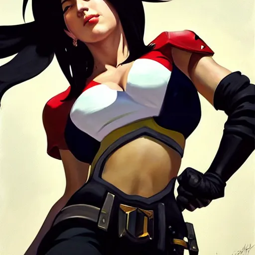 Image similar to Greg Manchess portrait painting o Tifa Lockheart as Overwatch character, medium shot, asymmetrical, profile picture, Organic Painting, sunny day, Matte Painting, bold shapes, hard edges, street art, trending on artstation, by Huang Guangjian and Gil Elvgren and Sachin Teng