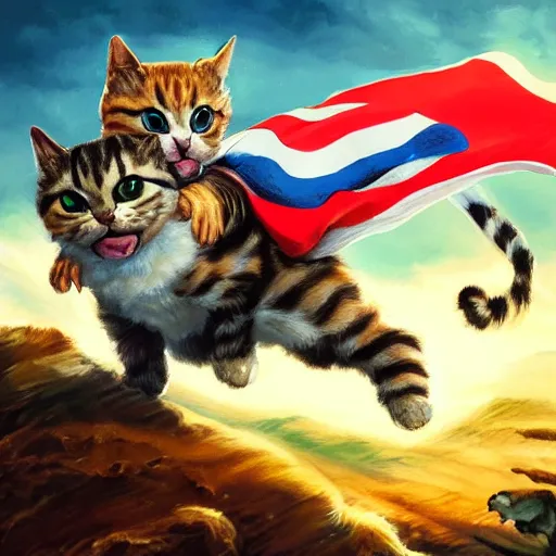 Image similar to a hyper real comic book style portrait painting in which a small cat holding a flag is riding a large fluffy cat on noble quests and into battle where backgrounds are wild and interesting with fascinating skies and epic terrain