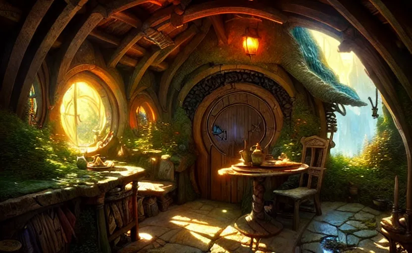 Prompt: hobbit house interior, fantasy atmosphere, intricate, detailed, photorealistic imagery, artstation, by Greg Rutkowski and Gaston Bussiere and Evgeny Lushpin