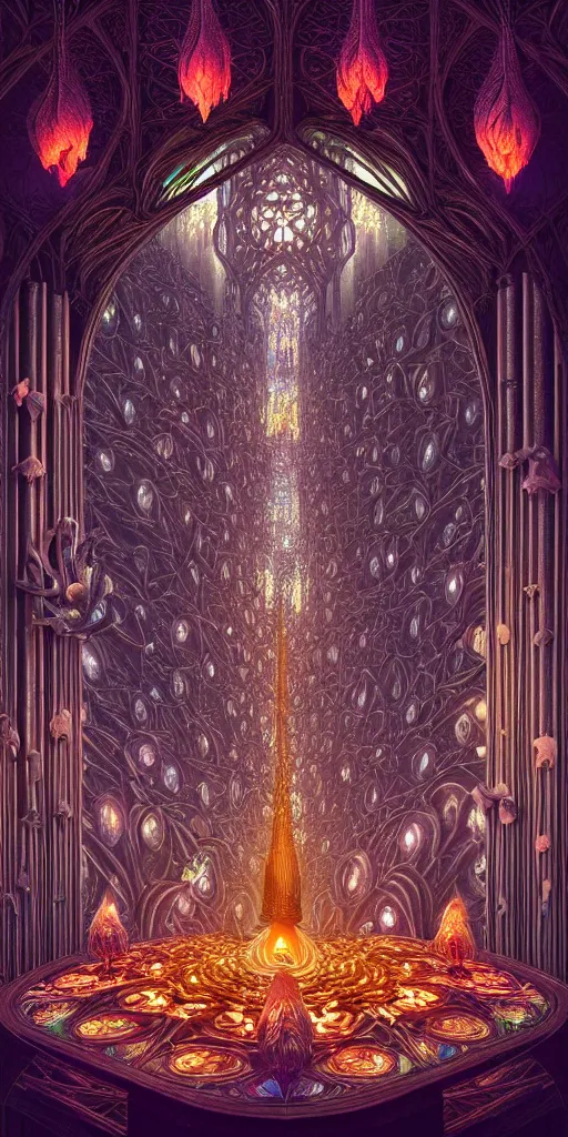 Prompt: Energetic gothic organ made of mushrooms portrait, Art Deco nature, fantasy, intricate art deco mushroom designs, elegant multidimensional cathedral of plants, glowing prismatic fractal chandeliers, highly detailed fractals, sharp focus, art by Artgerm and beeple and Greg Rutkowski and WLOP