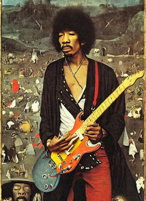 Image similar to jimy hendrix at woodstock by hieronymus bosch