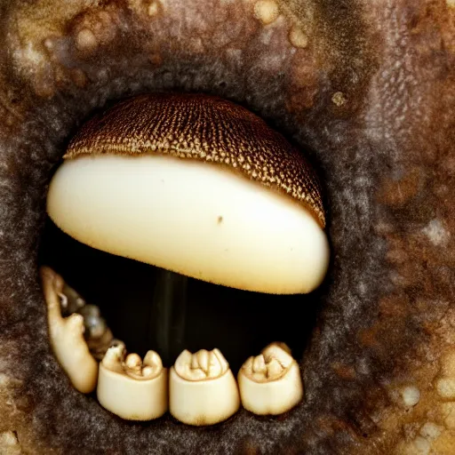 Prompt: a mushroom coated in layers of overlapping teeth