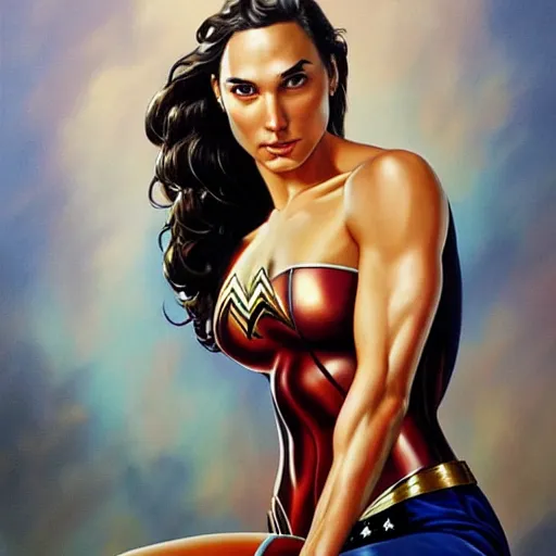 Prompt: a striking hyper real painting of Gal Gadot by boris vallejo. full body