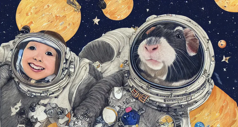 Prompt: realistic guineapigs's portrait on the cover of vogue magazine flying in space suits, deep dark universe, twinkling and spiral nubela, warmhole, beautiful stars, 4 k, 8 k, by hokusai, samurai man vagabond, detailed, editorial illustration, matte print, concept art, ink style, sketch, digital 2 d