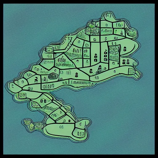 Image similar to “detailed map of a small fantasy town in the style of Mike schley”