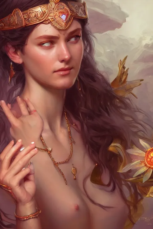 Image similar to goddess of love and peace, accurate anatomy, only two hands, highly detailed, digital painting, artstation, concept art, smooth, sharp focus, illustration, Unreal Engine 5, 8K, art by artgerm and greg rutkowski and edgar maxence