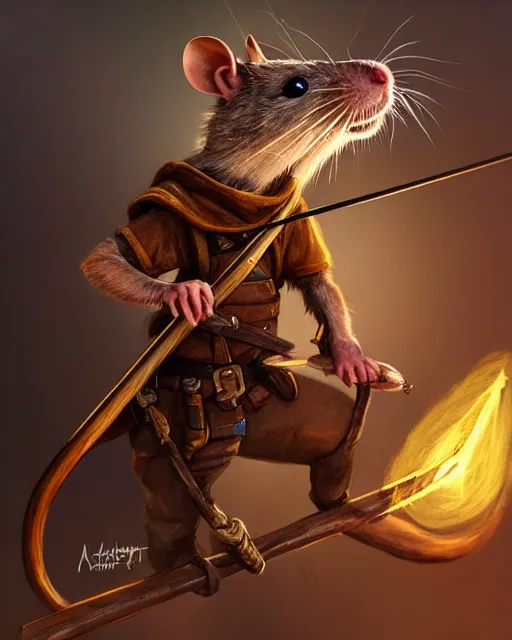 Prompt: closeup 2 8 mm anthropomorphic scout rat using a bow in a castle, d & d, fantasy, intricate, action pose, particle effects, highly detailed, digital painting, artstation, concept art, matte, sharp focus, volumetric lighting, illustration, hearthstone, art by artgerm, wlop, craig mullins, alphonse mucha