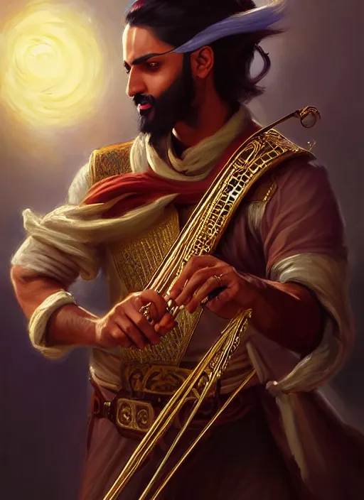 Prompt: a _ fantasy _ style _ portrait _ painting _ of arabian male charismatic bard playing instrument, rpg dnd oil _ painting _ unreal _ 5 _ daz. _ rpg _ portrait _ extremely _ detailed _ artgerm _ greg _ rutkowski _ greg