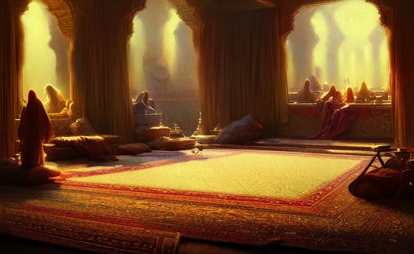 Image similar to magic fluffy Persian carpet dimension, by Greg Rutkowski and Gaston Bussiere, dim lighting, beautiful volumetric-lighting-style atmosphere, surreal atmosphere, intricate, detailed, photorealistic imagery, artstation