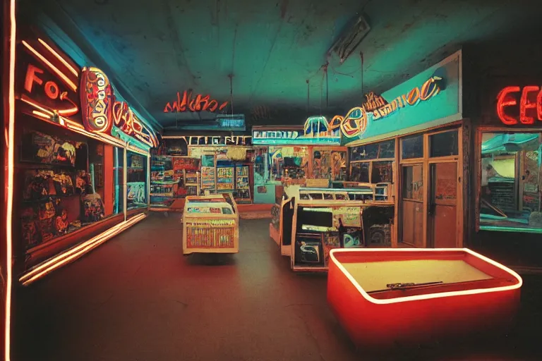Prompt: Bigfoot shopping, inside of a 1970s music store store, neon lights, dirty, ektachrome photograph, volumetric lighting, f8 aperture, cinematic Eastman 5384 film