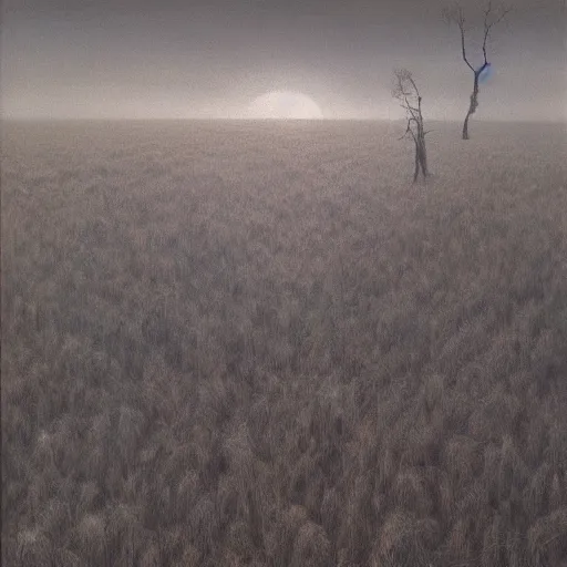 Image similar to blighted fields by Zdzisław Beksiński, oil on canvas