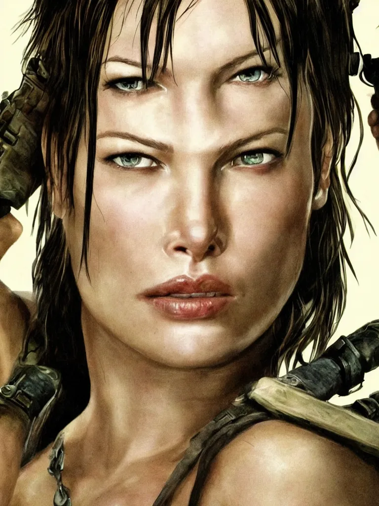 Image similar to close up potrait of Mila Jovovich face as tomb raider