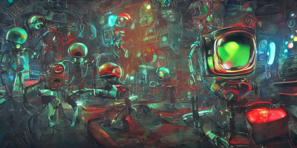 Prompt: subterranean homesick alien, radiohead robots fighting the karma police, paranoid android made of stereo components and speakers, highly stylized, ultra detailed oil painting in the style of frank miller, photorealistic illustration, octane render, 8 k resolution,