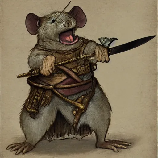 Image similar to antropomorphic rat character buying a sword made out of bone from a trader rat, fantasy art