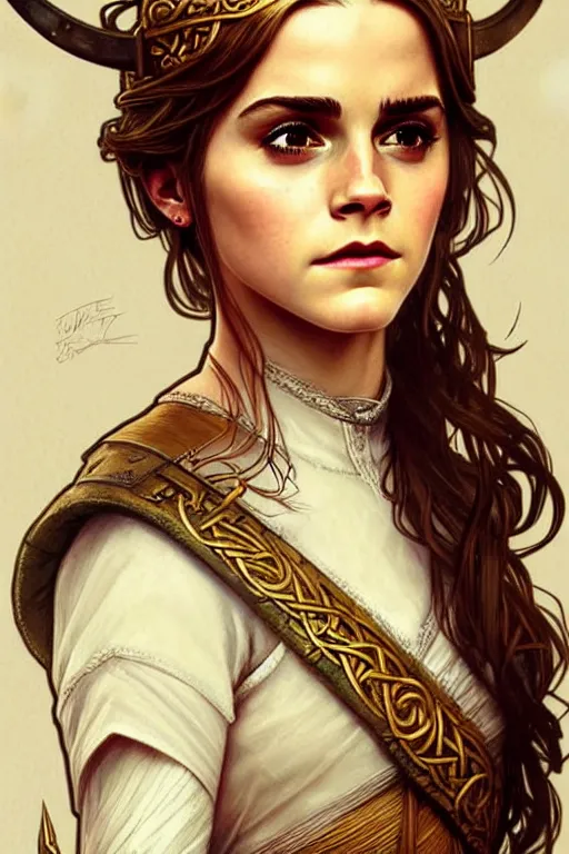 Prompt: Emma Watson as an Viking warrior, fantasy, intricate, elegant, highly detailed, digital painting, artstation, concept art, smooth, sharp focus, illustration, art by alphonse mucha