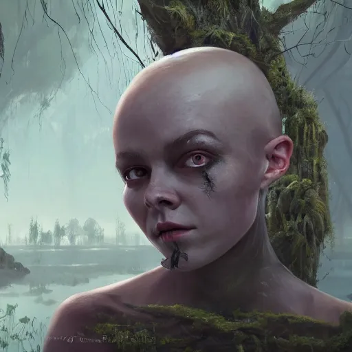Image similar to fantasy portrait of a bald-headed girl in the style of Anya Taylor with black scars on her face, swamp vegetation in the backround, nocturnal palette, art by Greg Rutowski, Raphael Lacoste, Eddie Mendoza