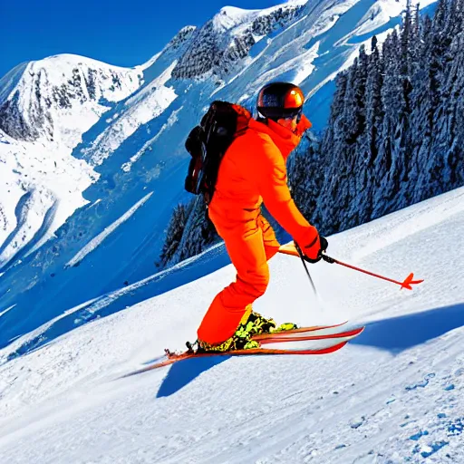 Prompt: skier in orange snow pants and black jacket skiing down a steep mountain face, far away view, photo realistic