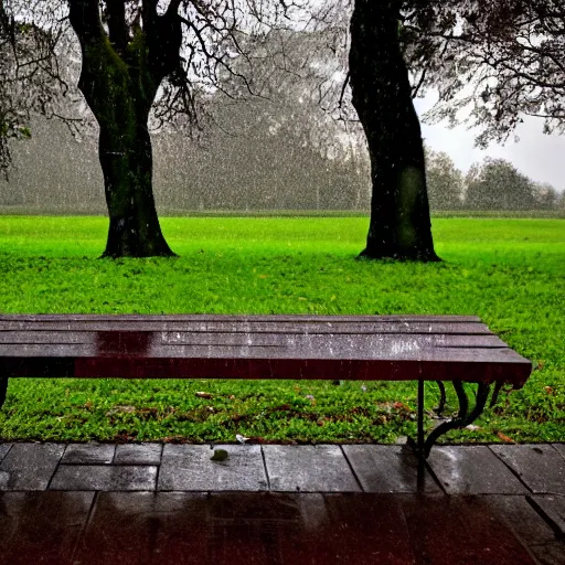 Prompt: images a bench in the rain, the bench being the main focus, facing at the camera, 1 6 k resolution, raining, trees in the background, mid - winter