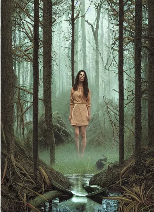 Prompt: portrait of jennifer connelly in searching in the woods standing before the mysterious small pond, twin peaks poster art, from scene from twin peaks, by michael whelan, rossetti bouguereau, artgerm, retro, nostalgic, old fashioned