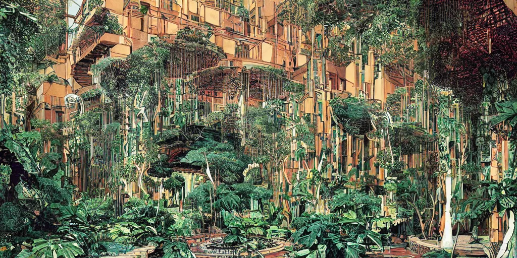 Image similar to masterpiece, graphic illustration of afro futurist florence courtyard designed by by frank lloyd wright architect, plants and trees on walkways low buildings, green energy, bicycles,, bill sienkiewicz, plants trail from balconys, abstract mirrored sculptures, insanely detailed and intricate