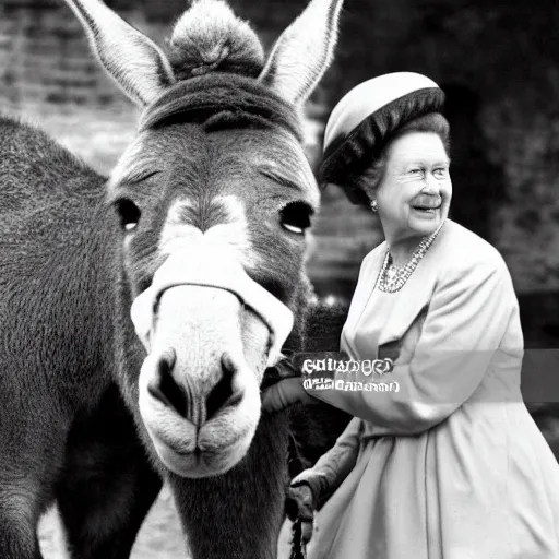 Prompt: queen elizabeth riding on a donkey