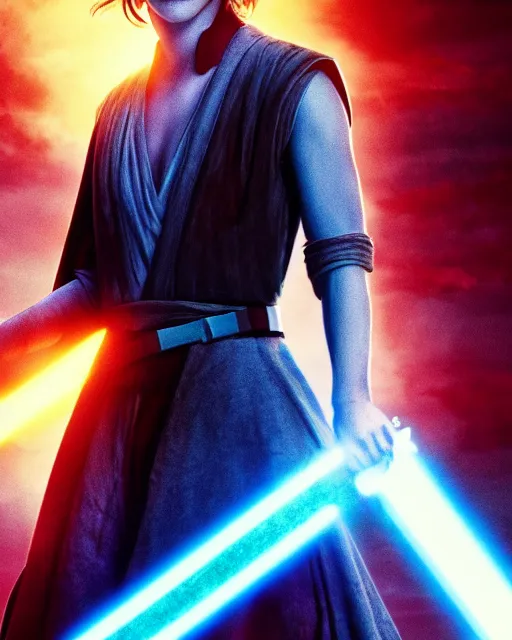 Prompt: emma watson as a jedi with ripped and damaged clothes holding a single lightsaber, blue coloured, in her hands, very dark background, official new star wars episode xi movie poster from lucas arts, perfect symmetrical face, moody lighting, 8 k, shallow depth of field, intricate detail,