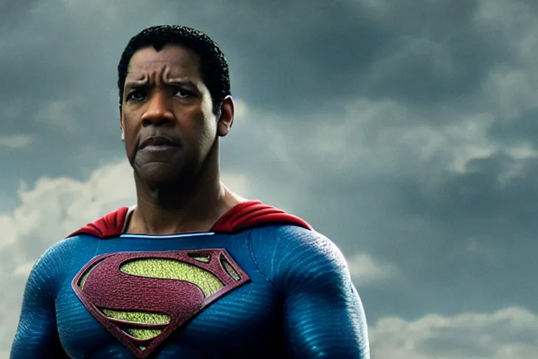 Image similar to film still of Denzel Washington as Superman in Justice League movie, 4k