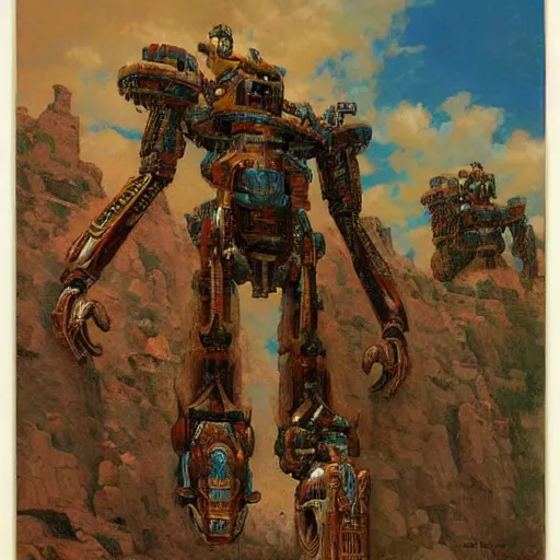 Image similar to mayan mecha in mesa landscape by j. c. leyendecker, bosch, and beksinski