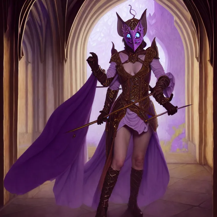 Image similar to masked d & d bard with her lilac leather armor in a cathedral, volumetric lighting, fantasy, intricate, elegant, highly detailed, lifelike, photorealistic, digital painting, artstation, fox ears illustration, concept art, sharp focus, by john collier and albert aublet and krenz cushart and artem demura and alphonse mucha